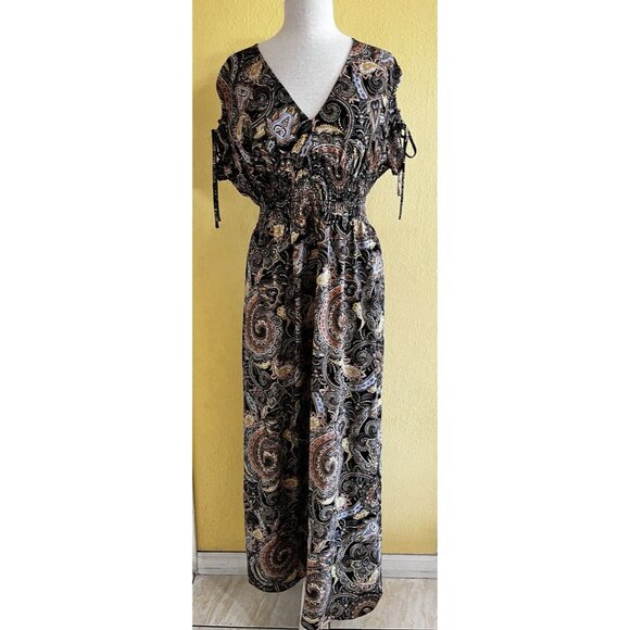 Bar lll Paisley Print Short Sleeve Maxi Dress Size XL Boho Peasant Whimsy Goth - Picture 2 of 11